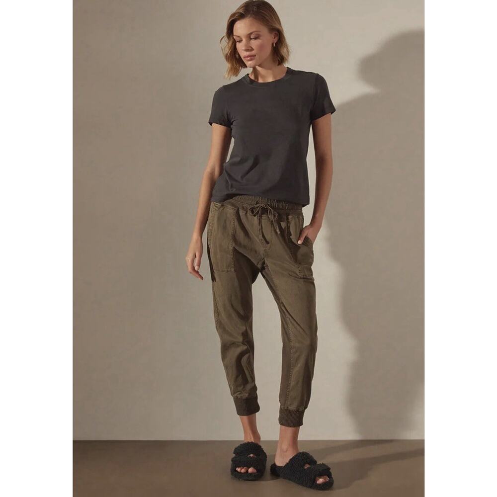 James Perse Women Mixed Media Jogger‎ Pant 2 Army Green Minimalist Quiet Luxury